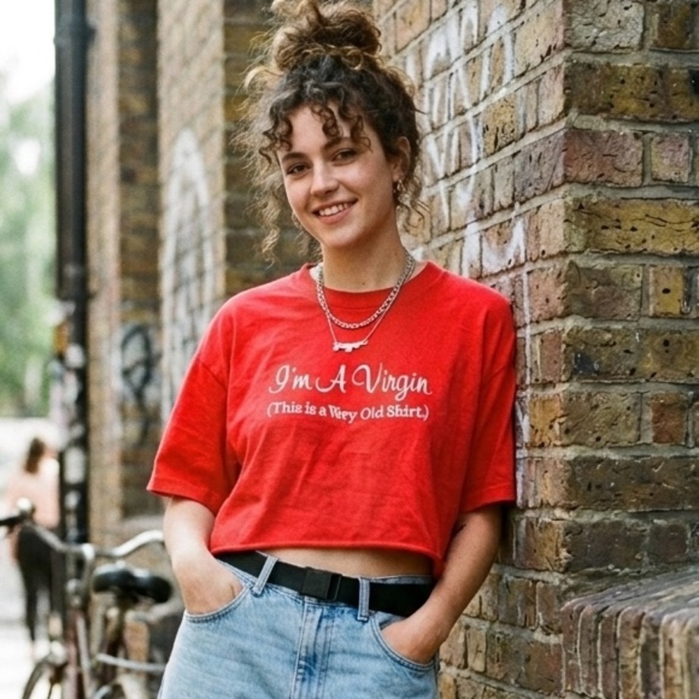 Vintage 90s Sunbelt "I'm A Virgin" Graphic Crop Tee - Red Single Stitch Irony